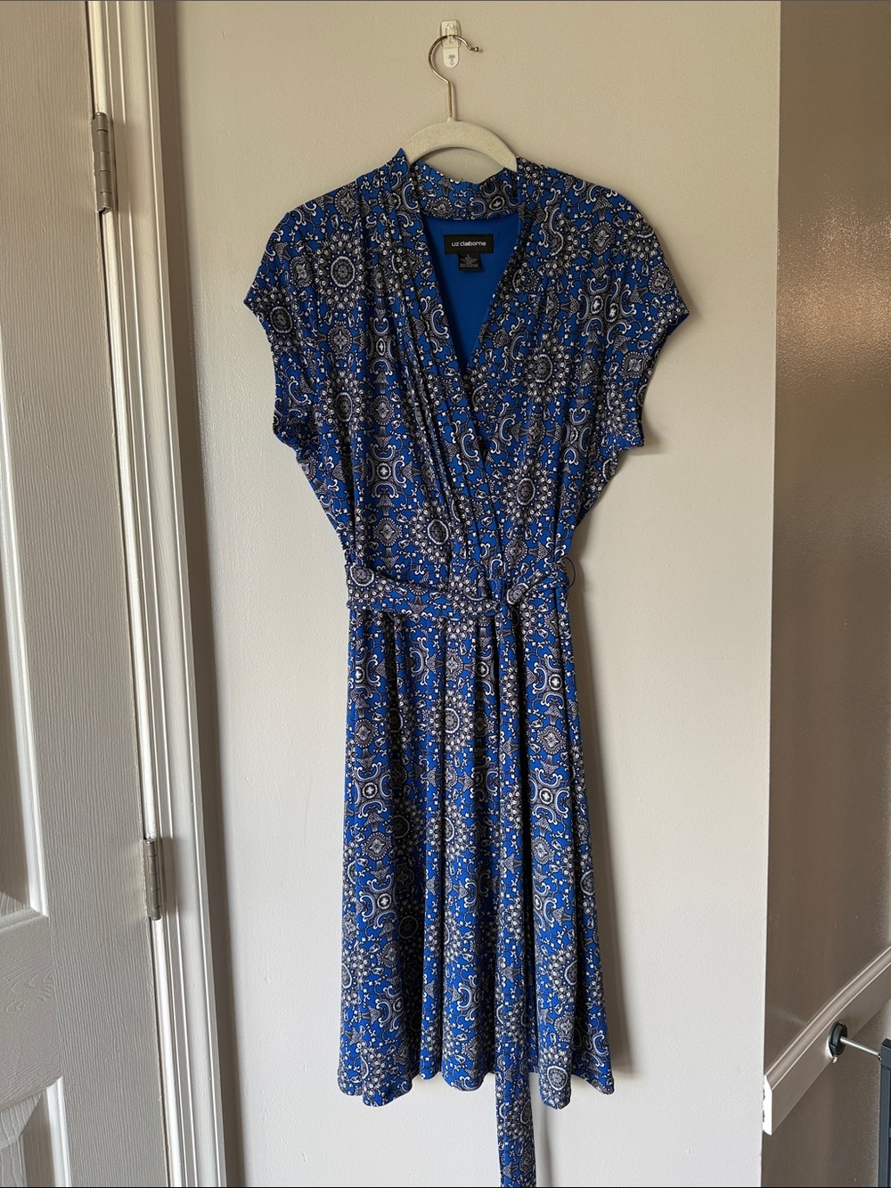 Liz Claiborne Blue Paisley Faux Wrap Midi Dress